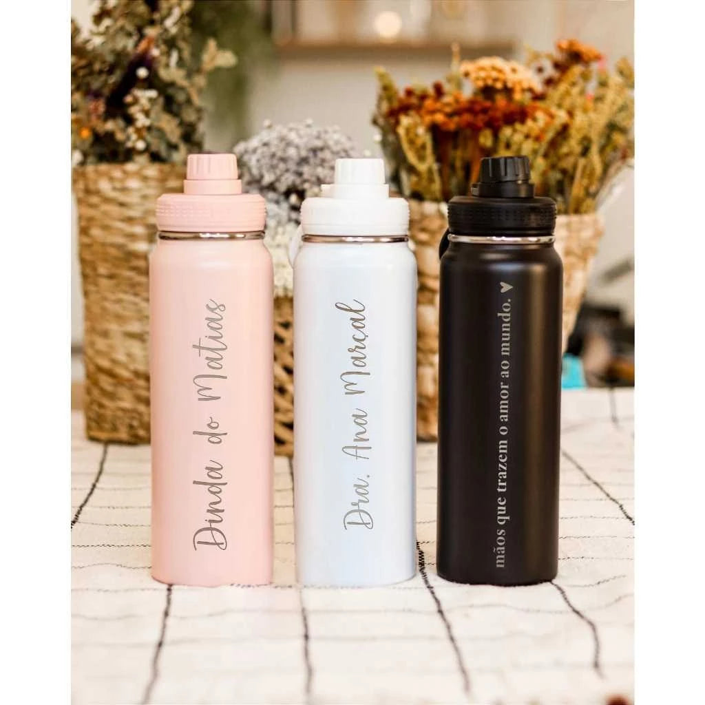 Garrafa Térmica Inox 800ml Personalizada – Com Gravação a Laser de Nomes, Profissões, Signos e Desenhos